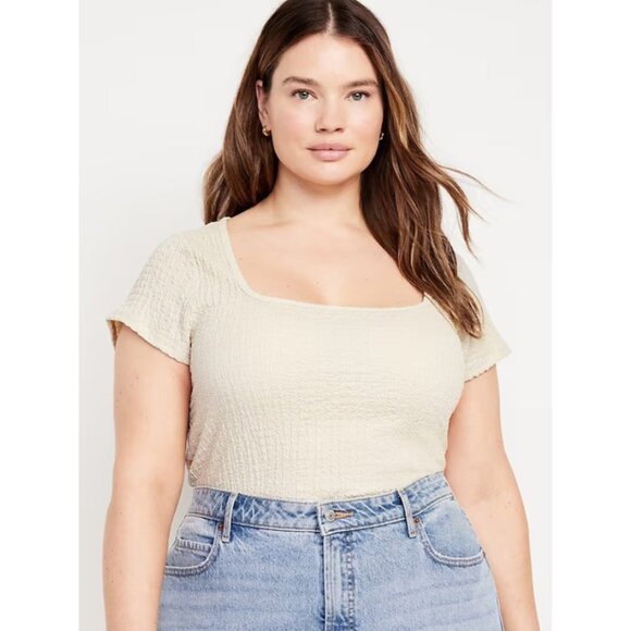 Old Navy Fitted Square-Neck T-Shirt in Textured Ivory - Picture 1 of 9